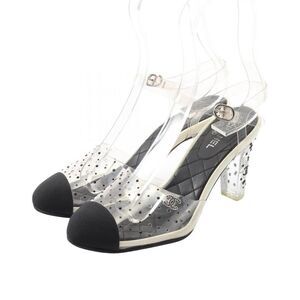 CHANEL Sandals Coco Mark Rhinestone Black PVC Coating Canvas Sandals Women's